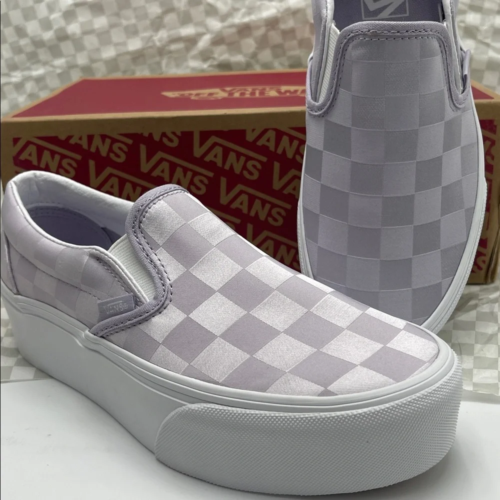 Vans Platform Sneakers Classic Slip-On Stackform Satin Checkerboard Lilac